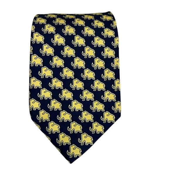 Hubert W White Silk Elephant Tie Blue Yellow - Picture 1 of 6